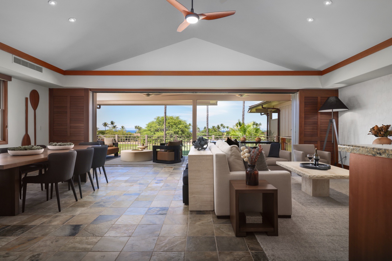 Kailua Kona Vacation Rentals, 3BD Ka'Ulu Villa (109A) at Hualalai Resort - Great room showcasing soaring vaulted ceilings & wraparound views.