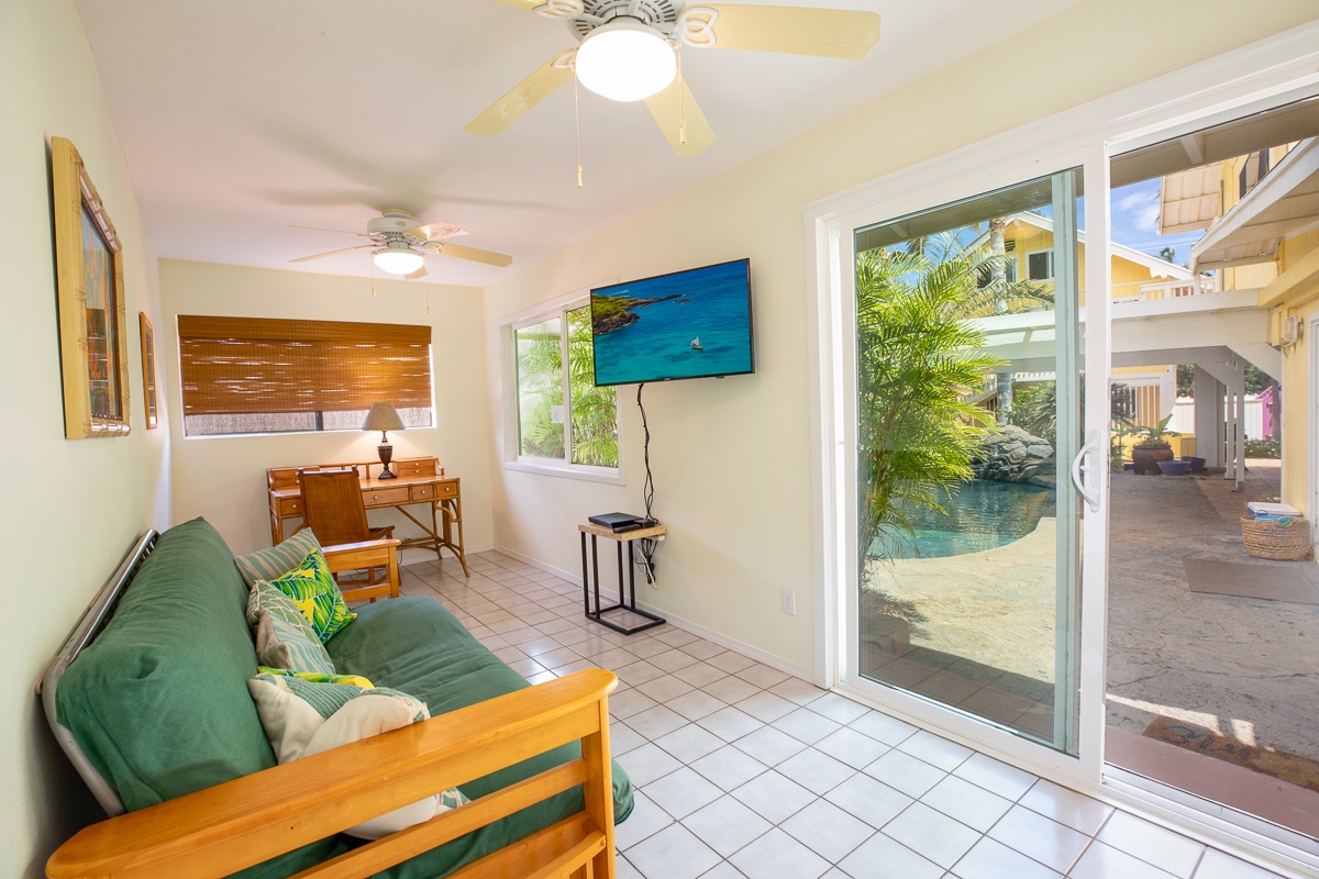 Kamuela Vacation Rentals, Honu Ohana- Puako 59 - Pool House Living space with access to pool and Lanai