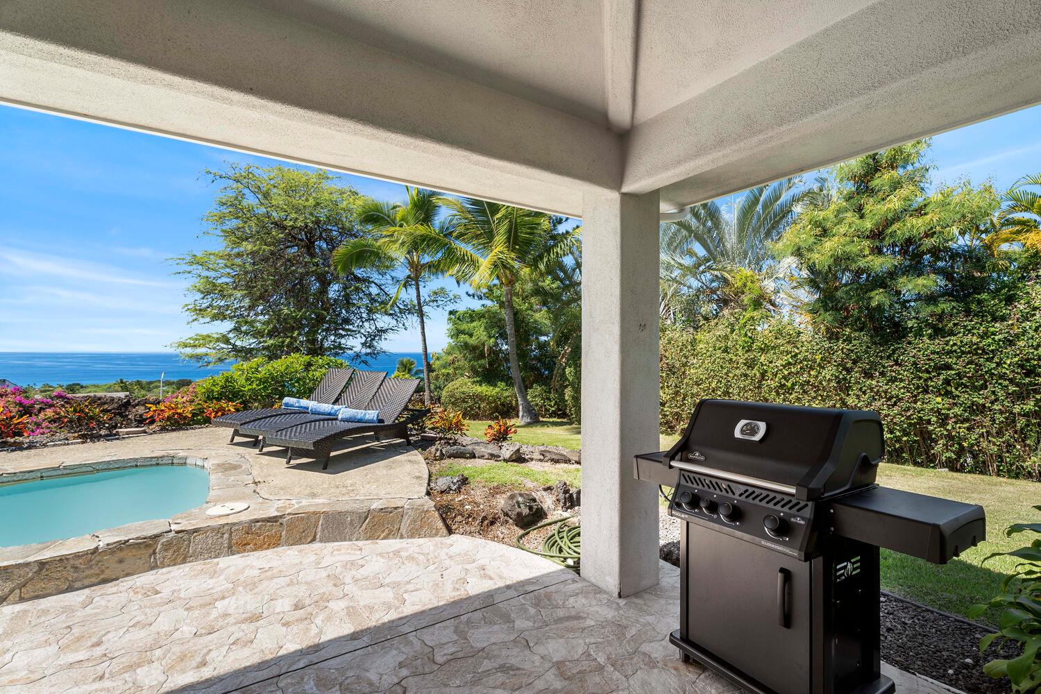 Kailua Kona Vacation Rentals, Ho'okipa Hale - Grill to perfection at the lanai BBQ, a social hub by the garden and outdoor dining area.