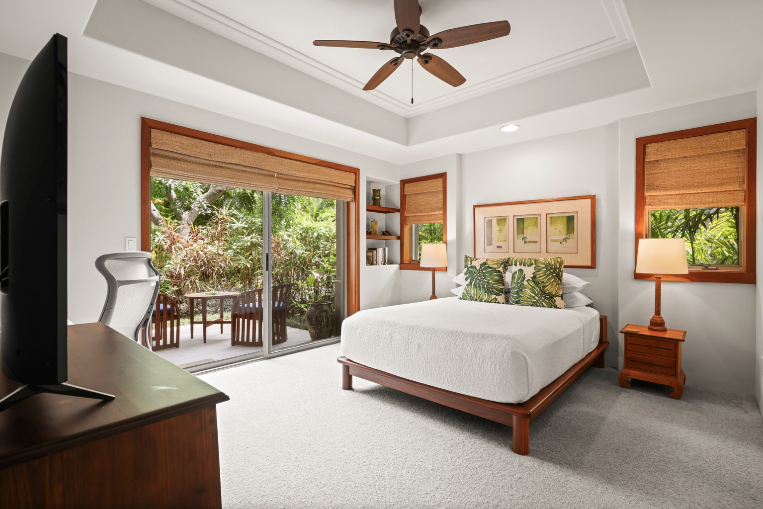 Kailua Kona Vacation Rentals, 3BD Golf Villa (3101) at Four Seasons Resort at Hualalai - Third bedroom w/ queen bed, sliding doors to private lanai & ensuite bath.