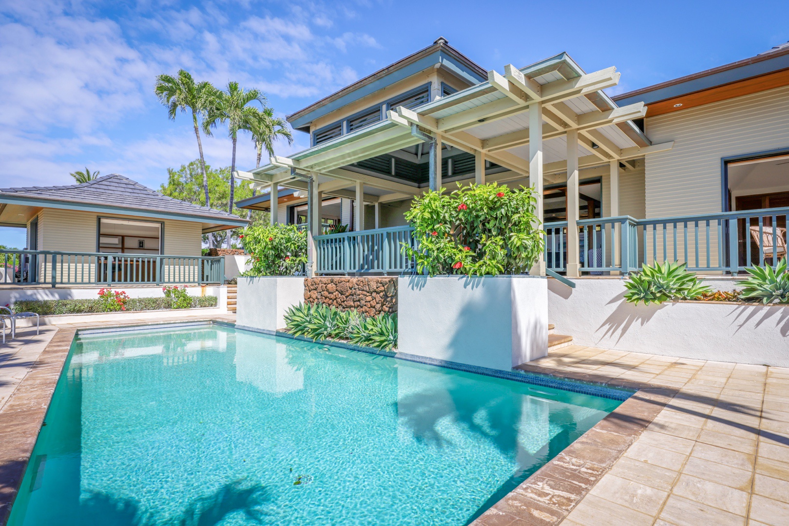 Kamuela Vacation Rentals, 4BD Fairways South Estate (29) at Mauna Kea Resort - Back of this property showcasing the private pool, warmed naturally by the sun, and multiple wrap-around lanais to soak in the views