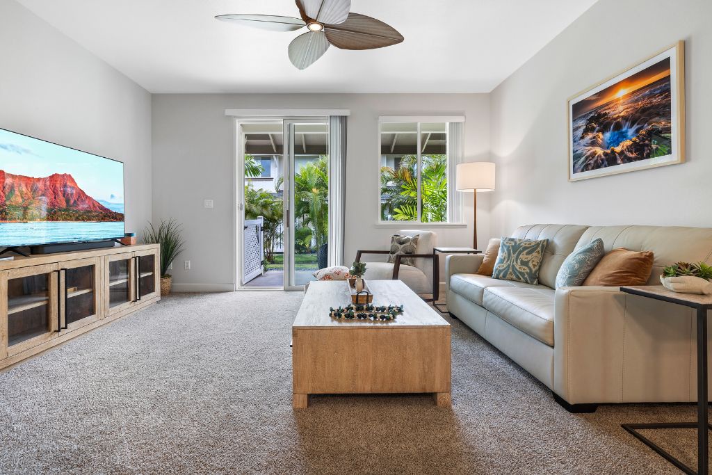 Kapolei Vacation Rentals, Hillside Villas 1534-2 - Seamless living in the beautifully furnished living room that overlooks the lanai