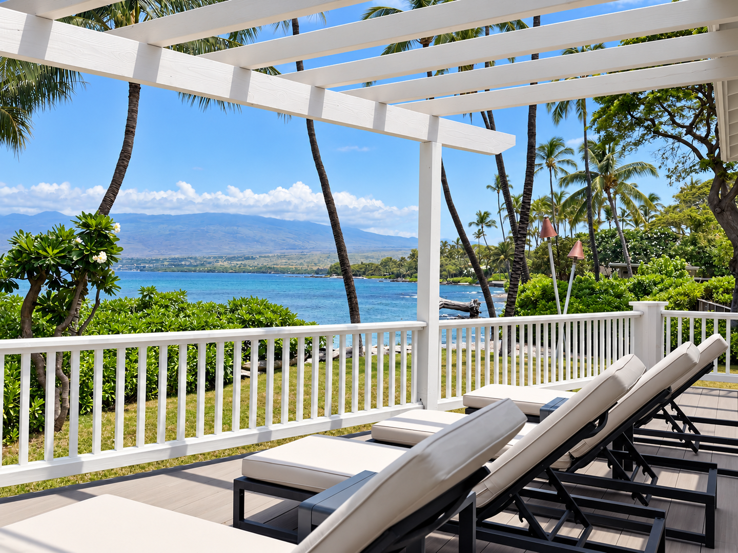 Kamuela Vacation Rentals, 4BD Estate Home at Puako Bay (74) - Claim a chaise under the pergola on the wrap-around lanai, the bay opening wide past the rail to the mountains.