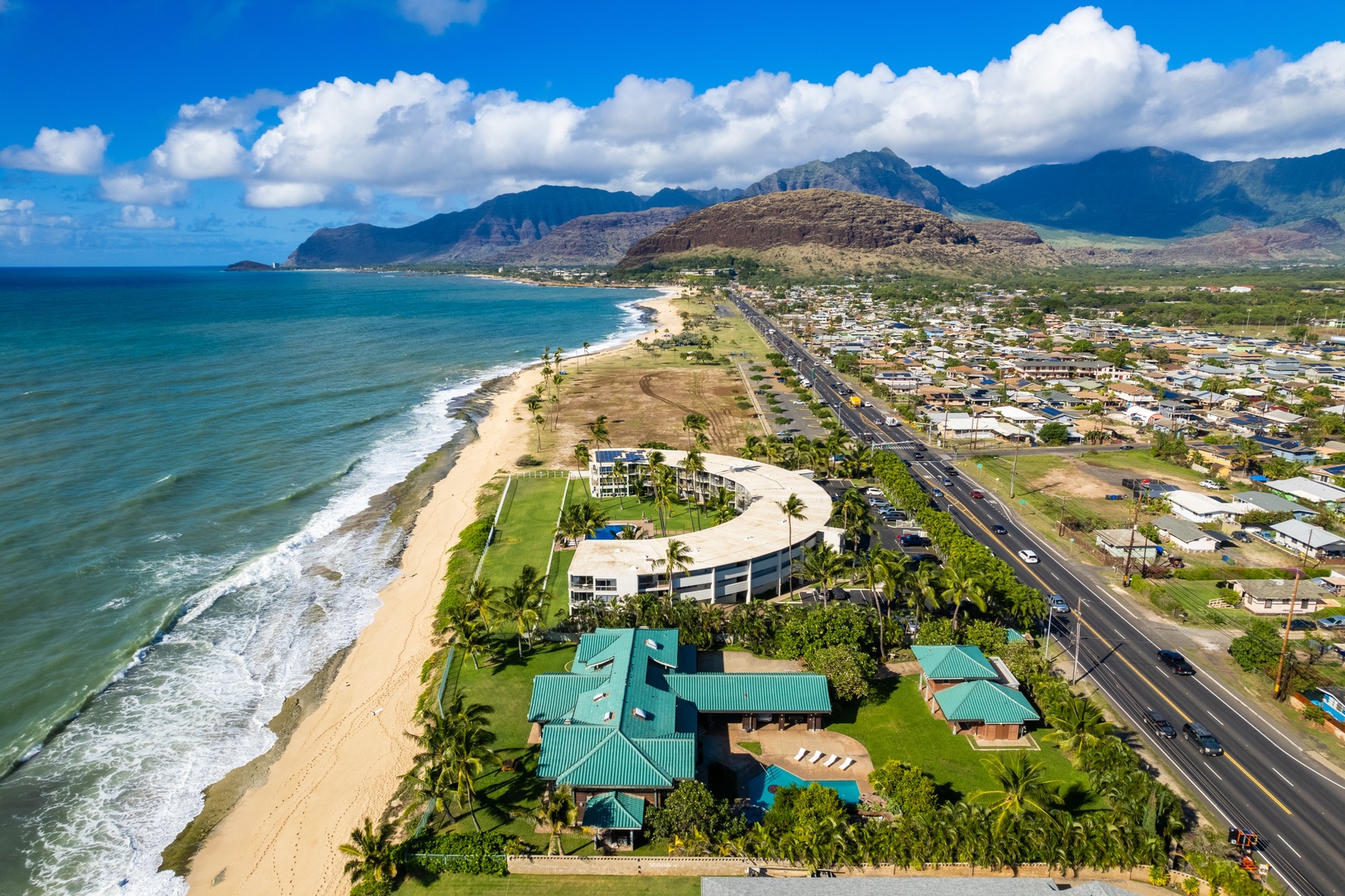 Waianae Vacation Rentals, Konishiki Beachhouse - Aerial shot of the beach.