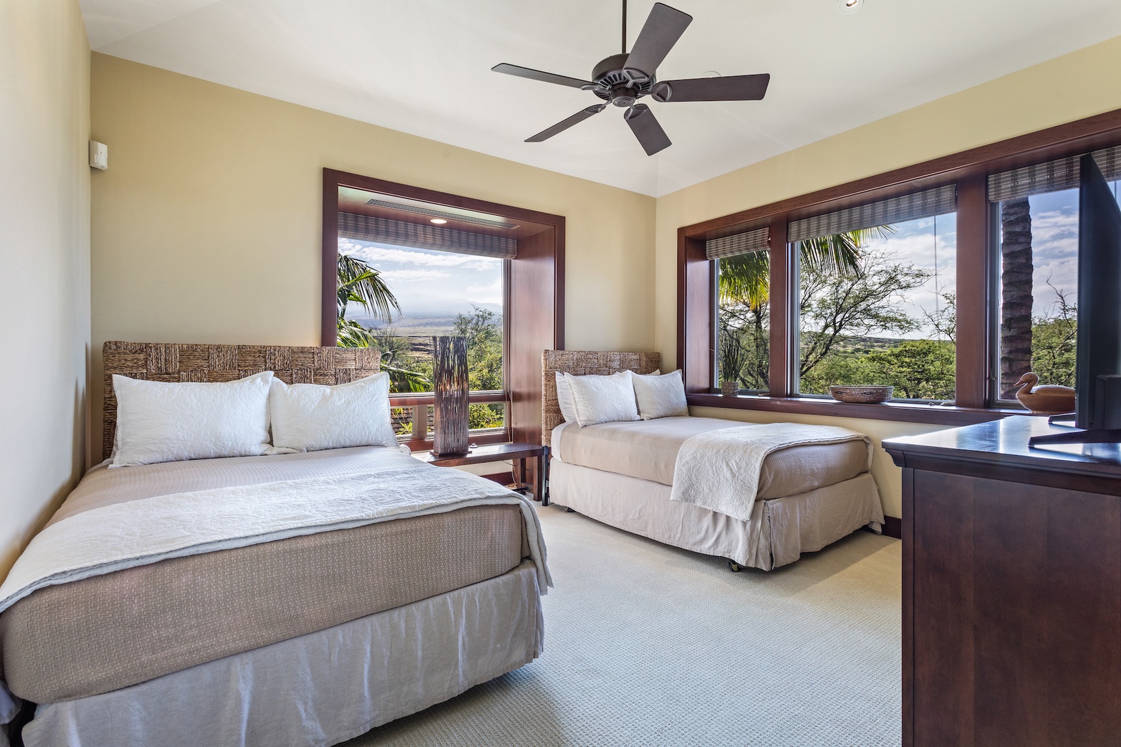 Kailua Kona Vacation Rentals, 3BD Hainoa Villa (2901D) at Four Seasons Resort at Hualalai - Third bedroom, with two full beds and large flat-screen TV.