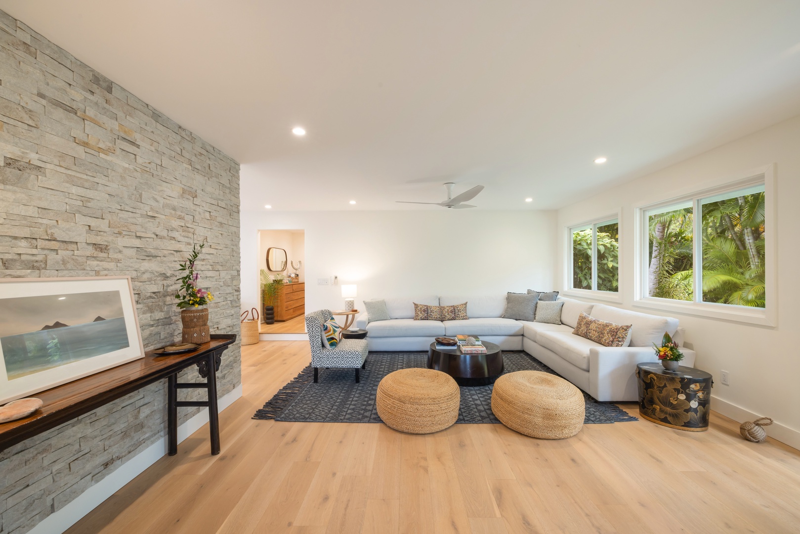 Kailua Vacation Rentals, Lanikai Ola Nani - From natural stone accents to calming tones and cozy textures, this inviting space sets the tone for your Lanikai retreat.