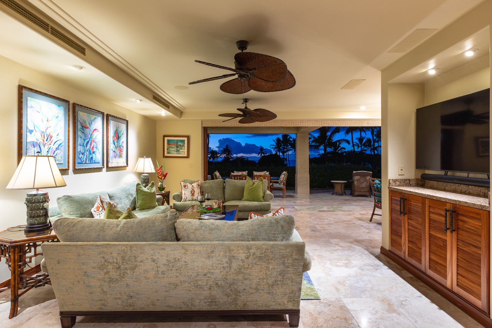 Kailua Kona Vacation Rentals, 2BD Hillside Villa (4102) at Hualalai Resort - Evening glow over the great room flowing seamlessly to the covered lanai.