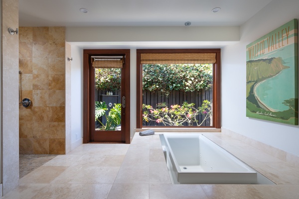 Kamuela Vacation Rentals, Canoe House & Beach Walker at Champion Ridge - Jet tub and view in the Primary Bathroom.