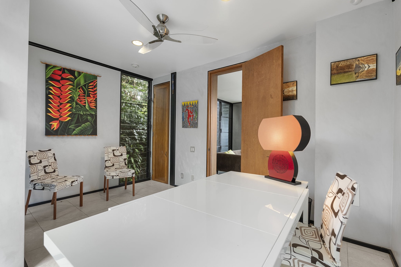 Honolulu Vacation Rentals, Tantalus Glass House (3 BD) - A bright and airy workspace with large windows and lush garden views.