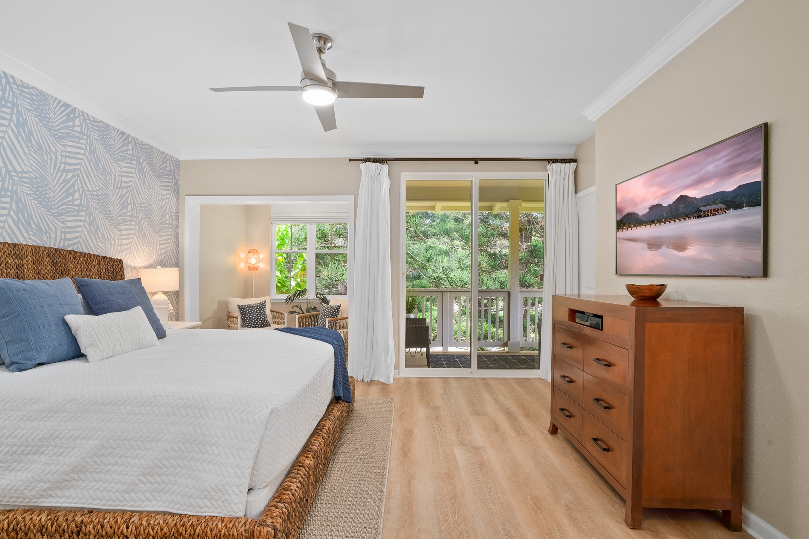 Princeville Vacation Rentals, Hale Kaua'i - Rest easy in this peaceful bedroom with soft natural light and lush garden surroundings.
