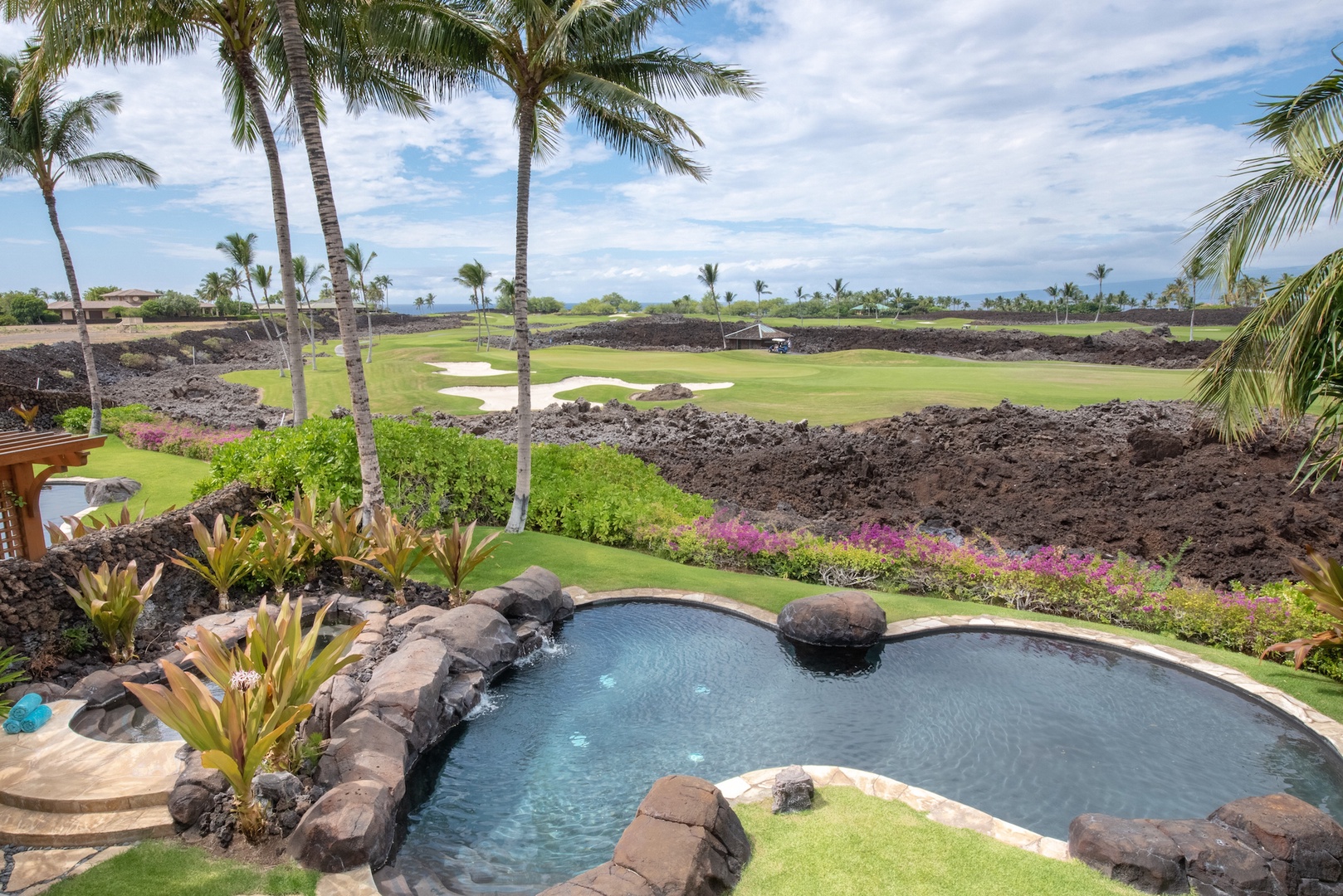 Kamuela Vacation Rentals, 3BD OneOcean (1C) at Mauna Lani Resort - View of the Pool and Golf Course from Upstairs Primary Lanai