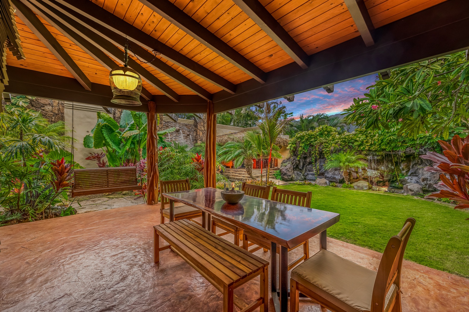 Waimanalo Vacation Rentals, Hawaii Hobbit House - Covered lanai has outdoor table and seating for 6 with two chairs to be added for 8