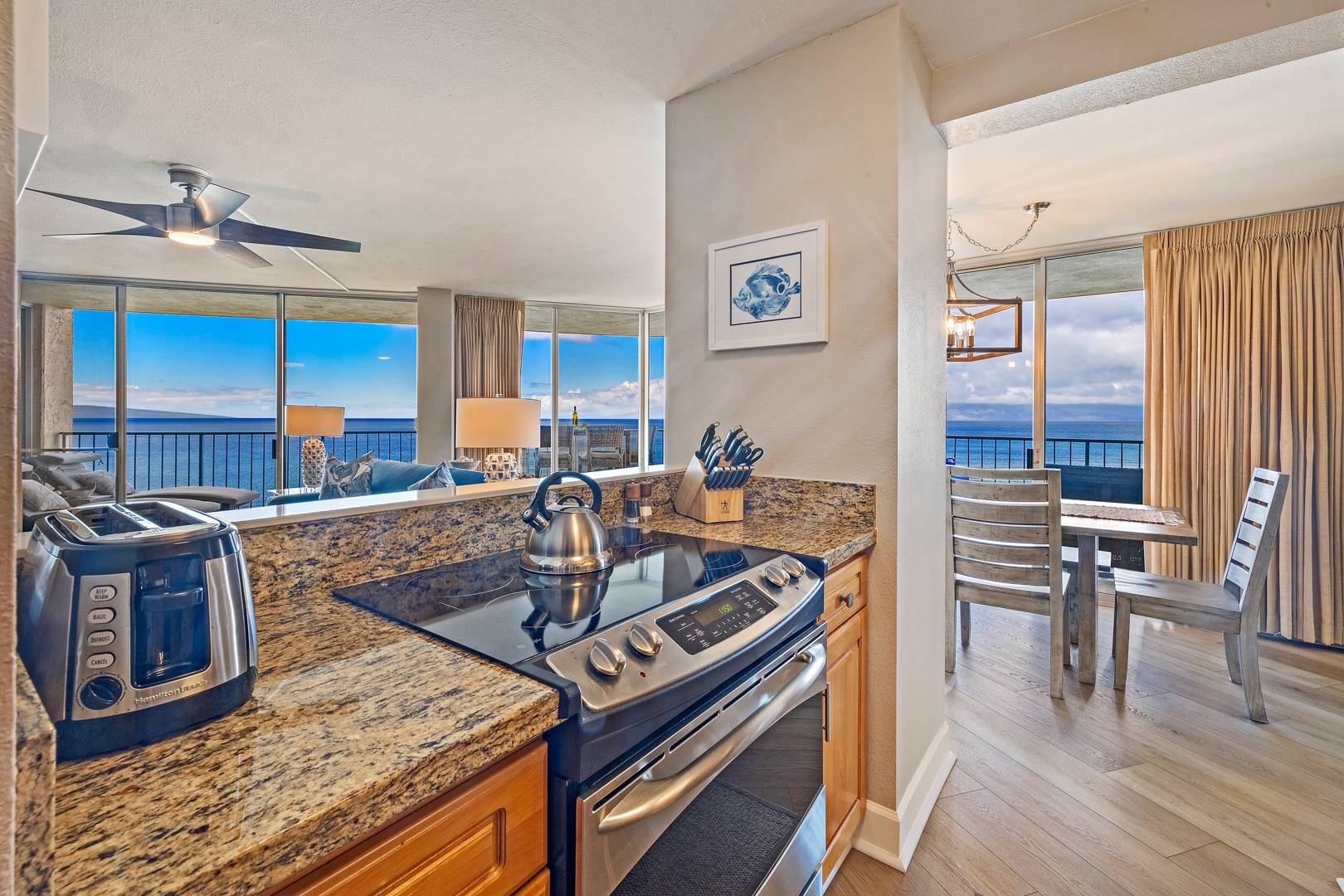 Lahaina Vacation Rentals, Royal Kahana 1010 - Royal Kahana 1010 kitchen with ocean views, modern appliances, and a convenient layout.