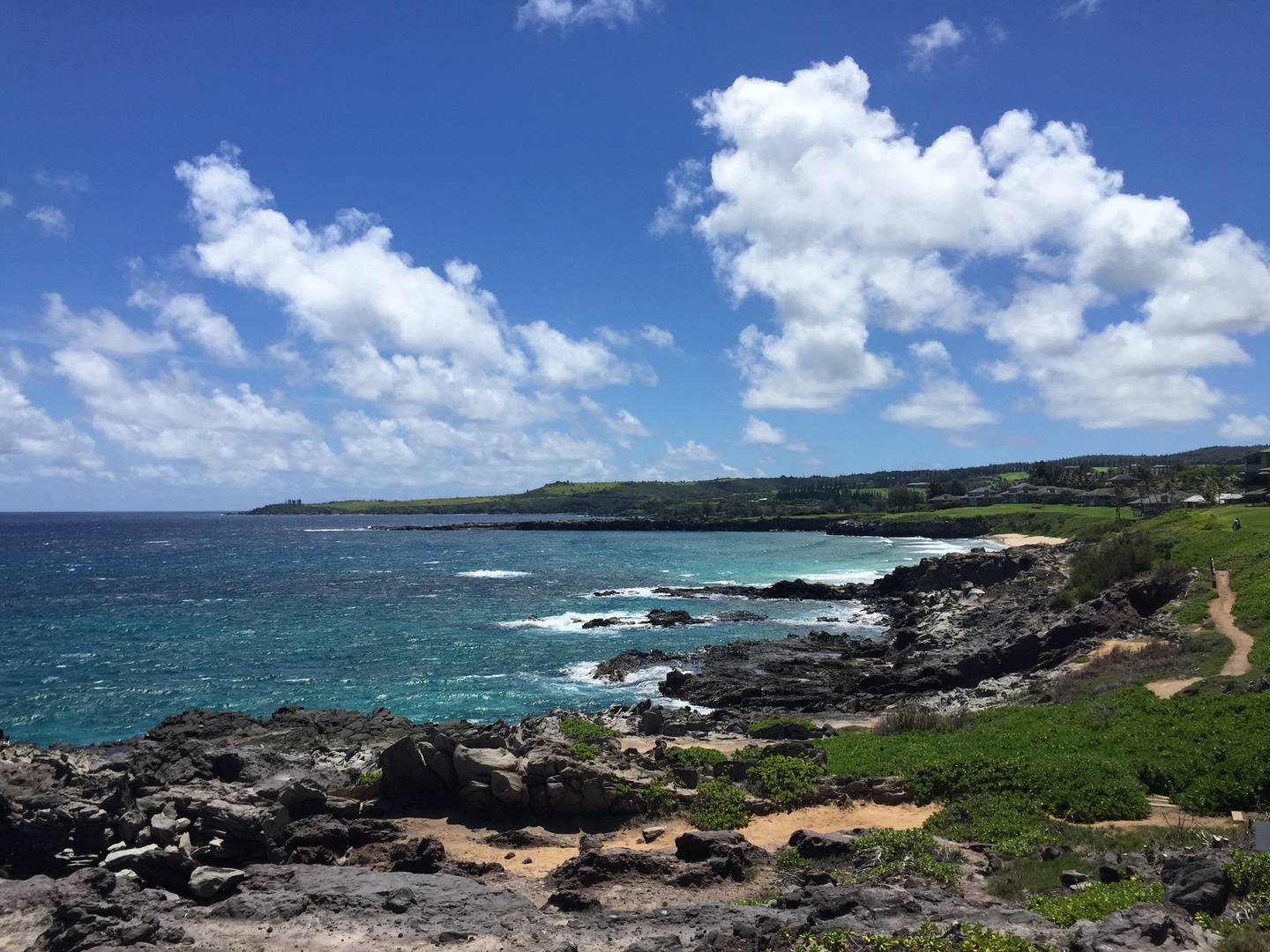 Lahaina Vacation Rentals, Kapalua Ridge 1421 - This scenic coastal view captures the rugged beauty of the shoreline, where the vibrant blue waters meet rocky outcrops and gentle greenery.