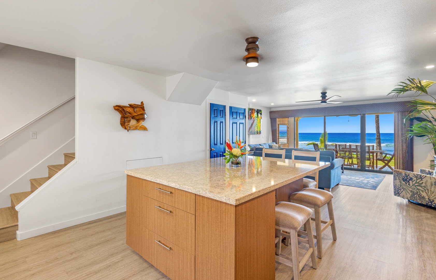 Lahaina Vacation Rentals, Puamana 254-2 - Puamana 254-2’s spacious kitchen island offers ocean views, ideal for casual dining and gathering.