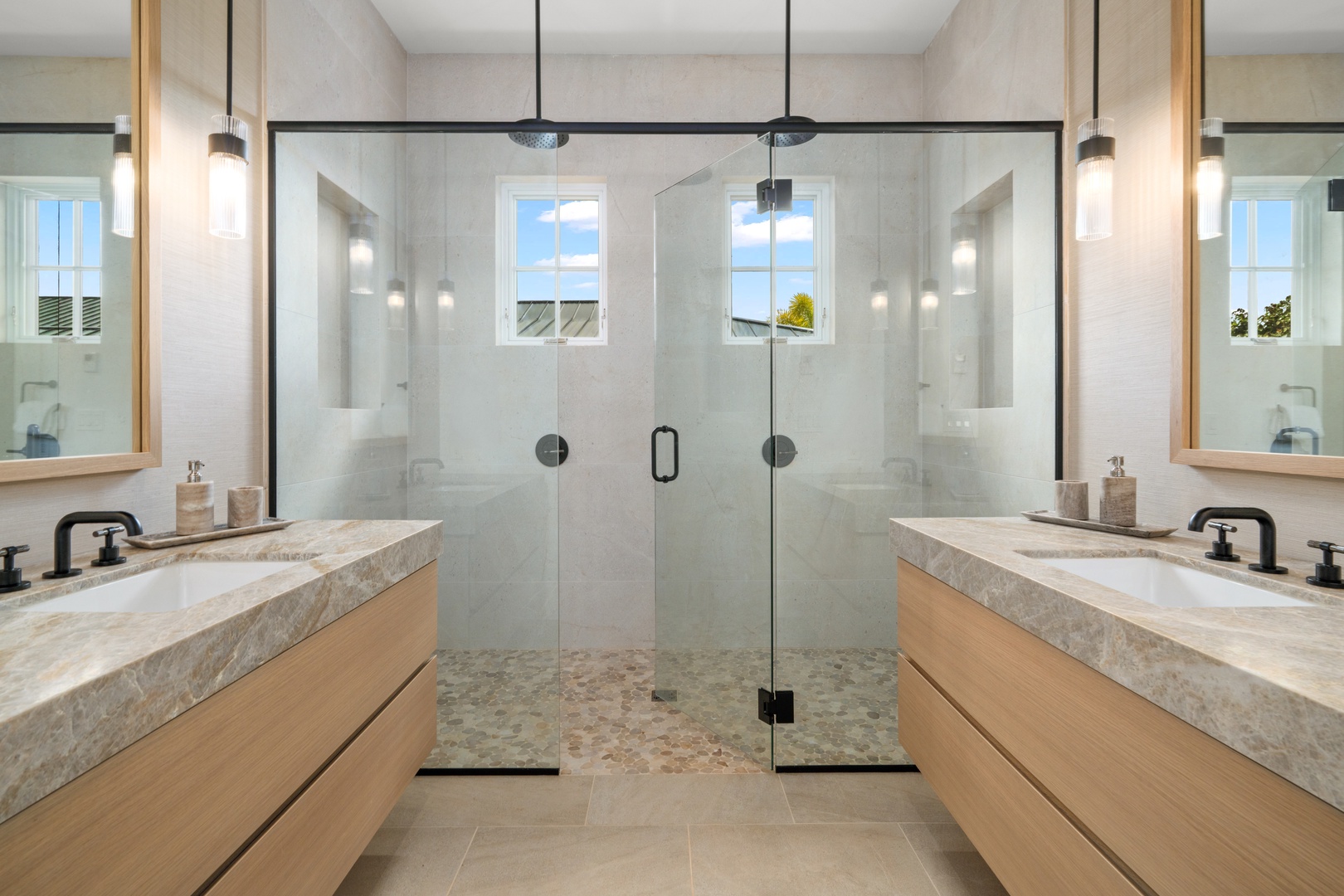 Koloa Vacation Rentals, Makani Kai - A glass shower set between two vanities, so mornings never bottleneck.