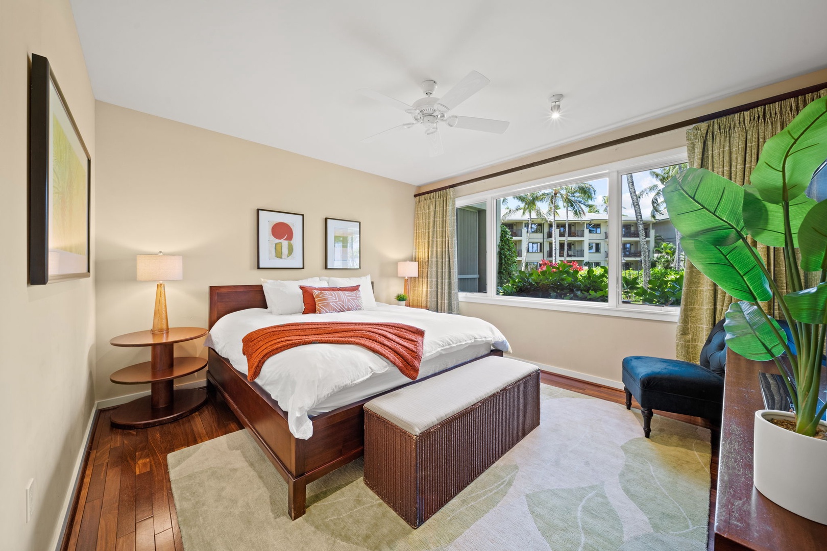 Kahuku Vacation Rentals, Turtle Bay Villas 114 - Primary Suite with garden views, A/C, and a ceiling fan