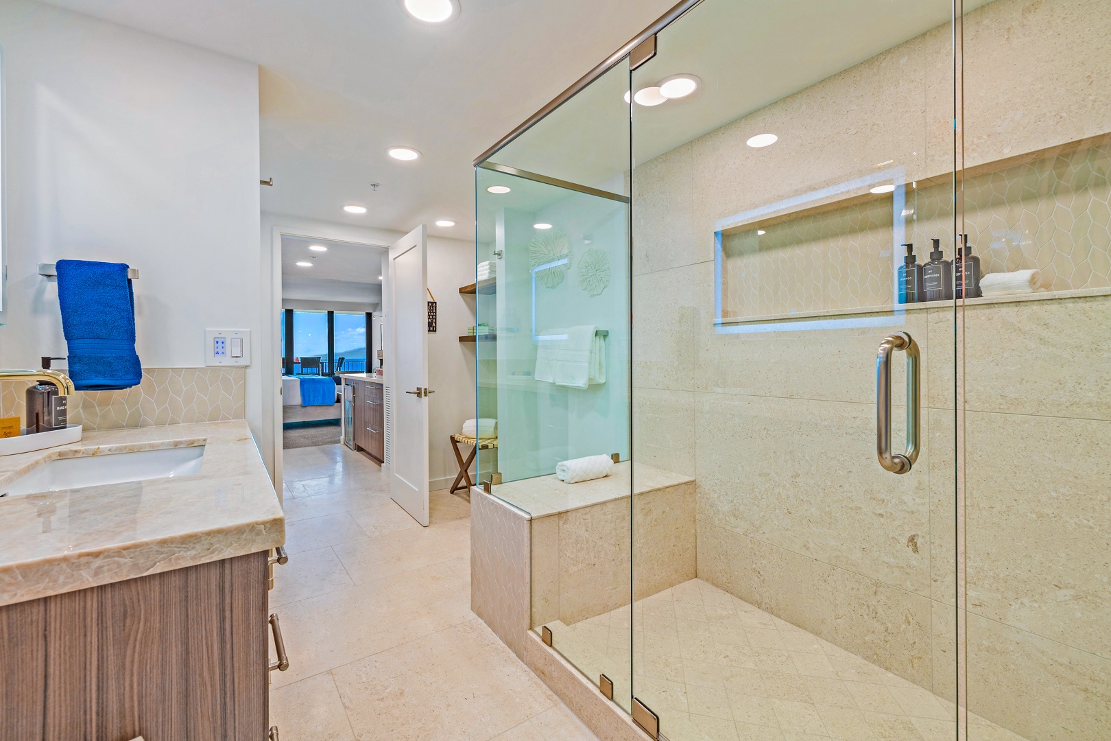 Lahaina Vacation Rentals, Kaanapali Shores 702 - Refresh in the luxe walk-in shower at Kaanapali Shores 702’s primary bathroom.