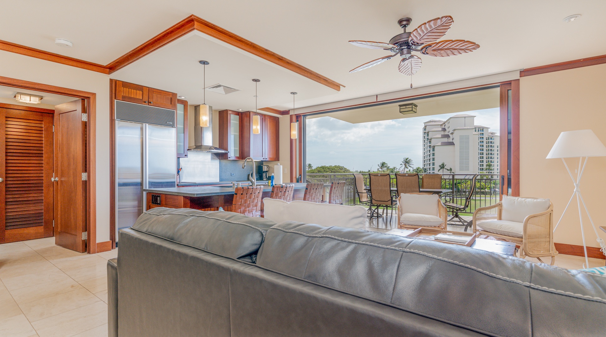 Kapolei Vacation Rentals, Ko Olina Beach Villas O425 - Welcome to your comfortable couch, twinkling pendant lights and an incredible view.