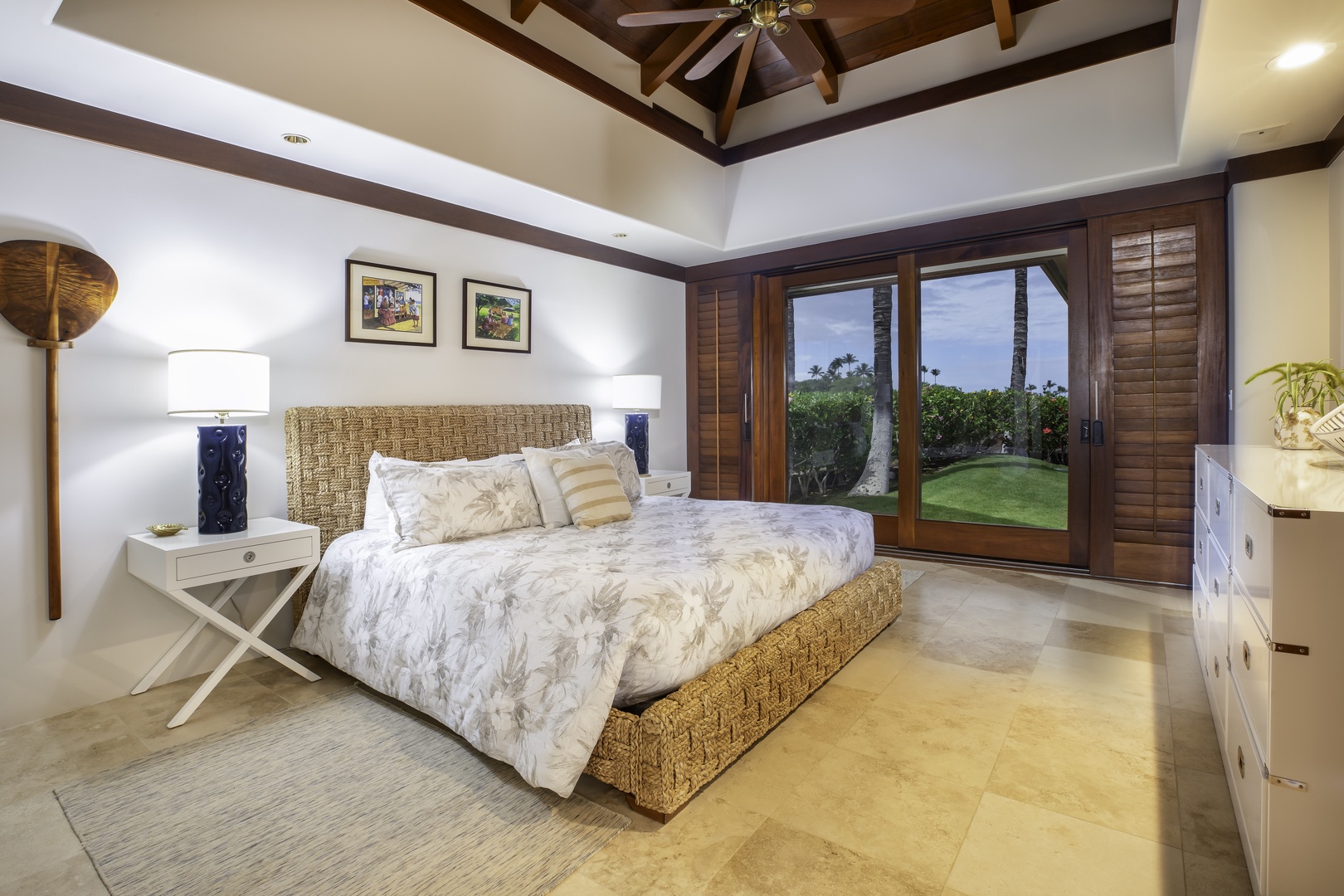 Kamuela Vacation Rentals, Champion Ridge 7 - Drift off in your peaceful bedroom sanctuary with natural textures and tropical garden views through sliding doors.