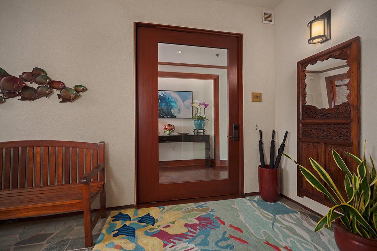 Kapalua Vacation Rentals, Ocean Dreams Premier Ocean Grand Residence 2203 at Montage Kapalua Bay* - Private Entrance Foyer and Elevator Landing with Storage and Seating