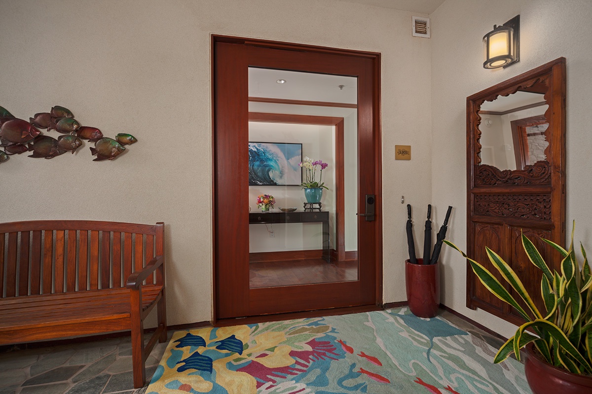 Kapalua Vacation Rentals, Ocean Dreams Villa 2203 at Montage Kapalua Bay* - Private Entrance Foyer and Elevator Landing with Storage and Seating