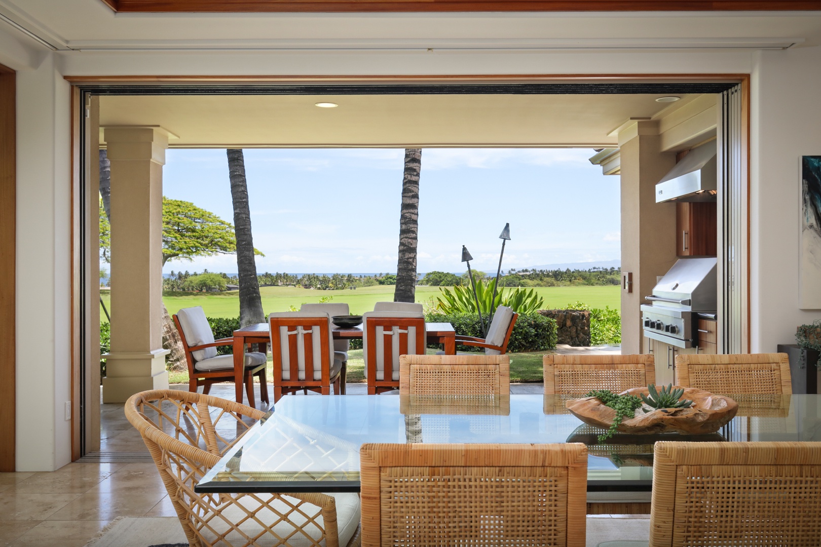 Kailua Kona Vacation Rentals, 4BD Pakui Street (147) Estate Home at Four Seasons Resort at Hualalai - View from interior dining room to outdoor lanai (deck) dining area.