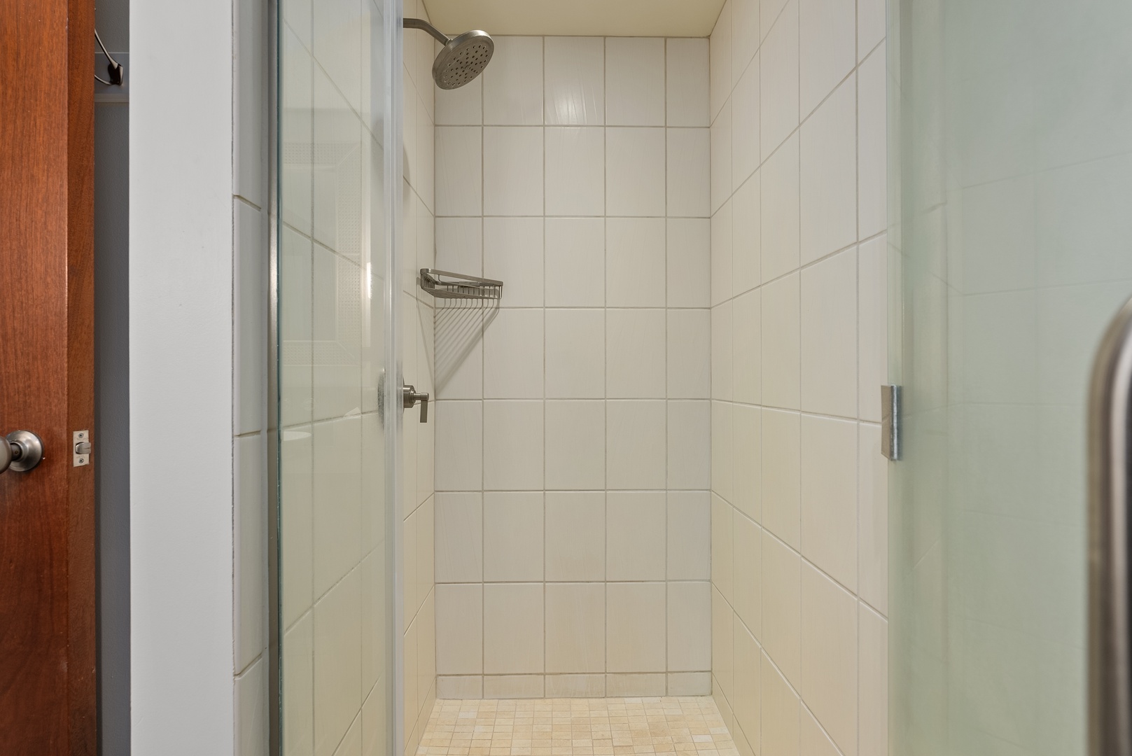 A glassed walk-in shower with room to move and get clean.