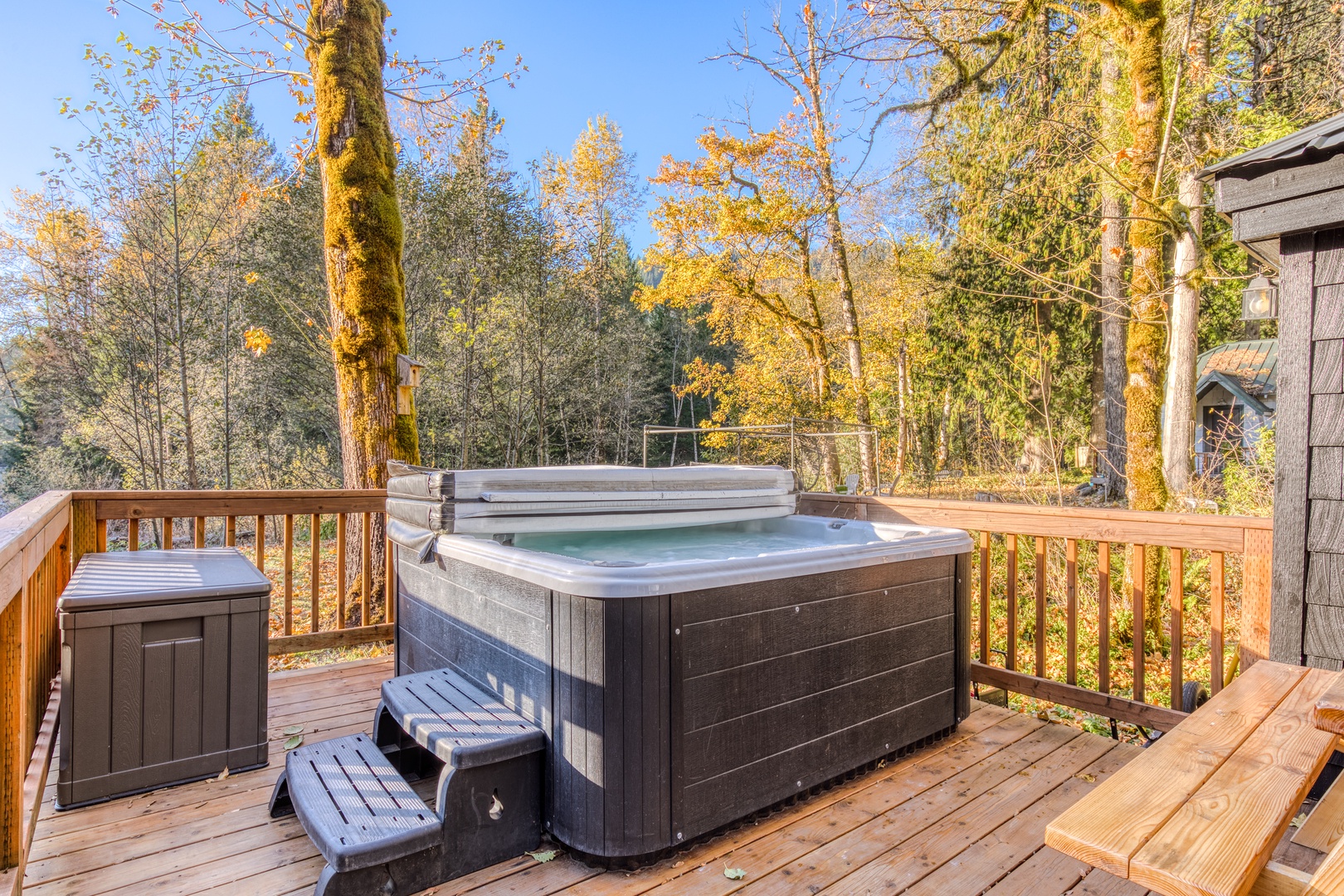 Rhododendron Vacation Rentals, Riverbend Cabin #1 - Peaceful backyard with Private Hot Tub, Bbq and outdoor furniture
