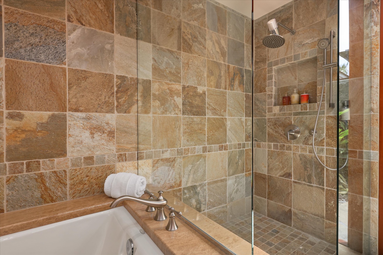 Kamuela Vacation Rentals, 3BD Na Hale 3 at Pauoa Beach Club at Mauna Lani Resort - Rinse off the salt in a walk-in shower lined floor to ceiling in warm stone.