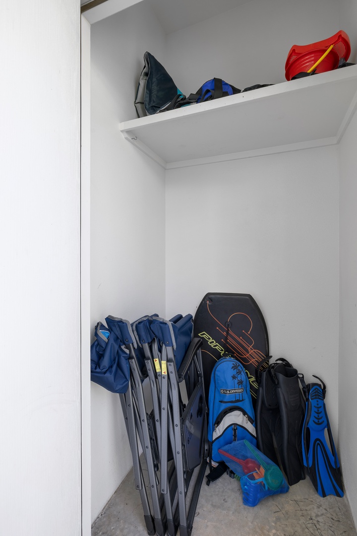 Your dedicated storage closet keeps diving gear, snorkels, and beach equipment organized and ready for your next underwater adventure.