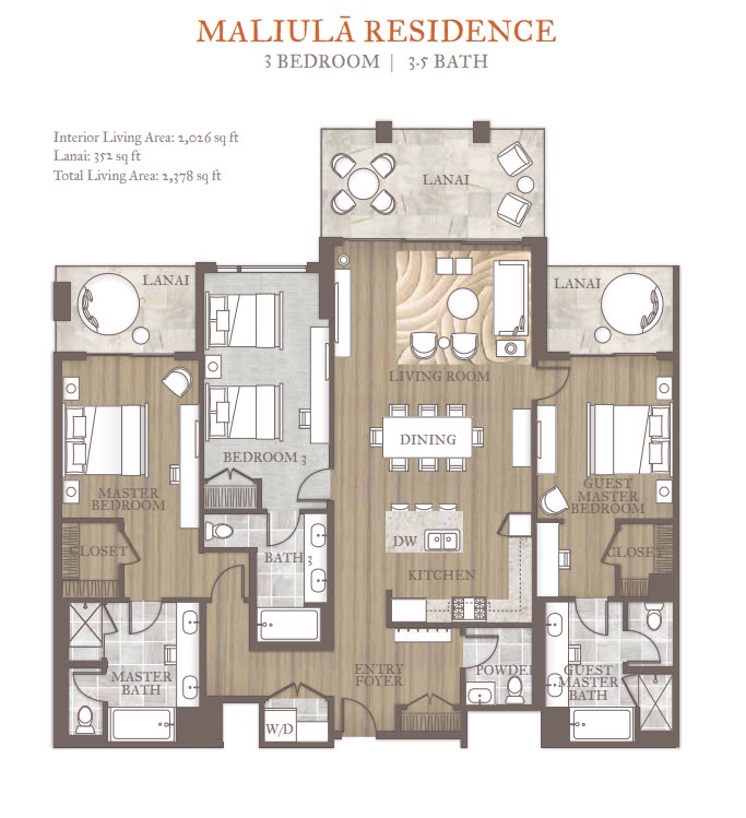 Lihue Vacation Rentals, Maliula at Hokuala 3BR Superior* - The floor plan for Maliula Three-Bedroom Superior.