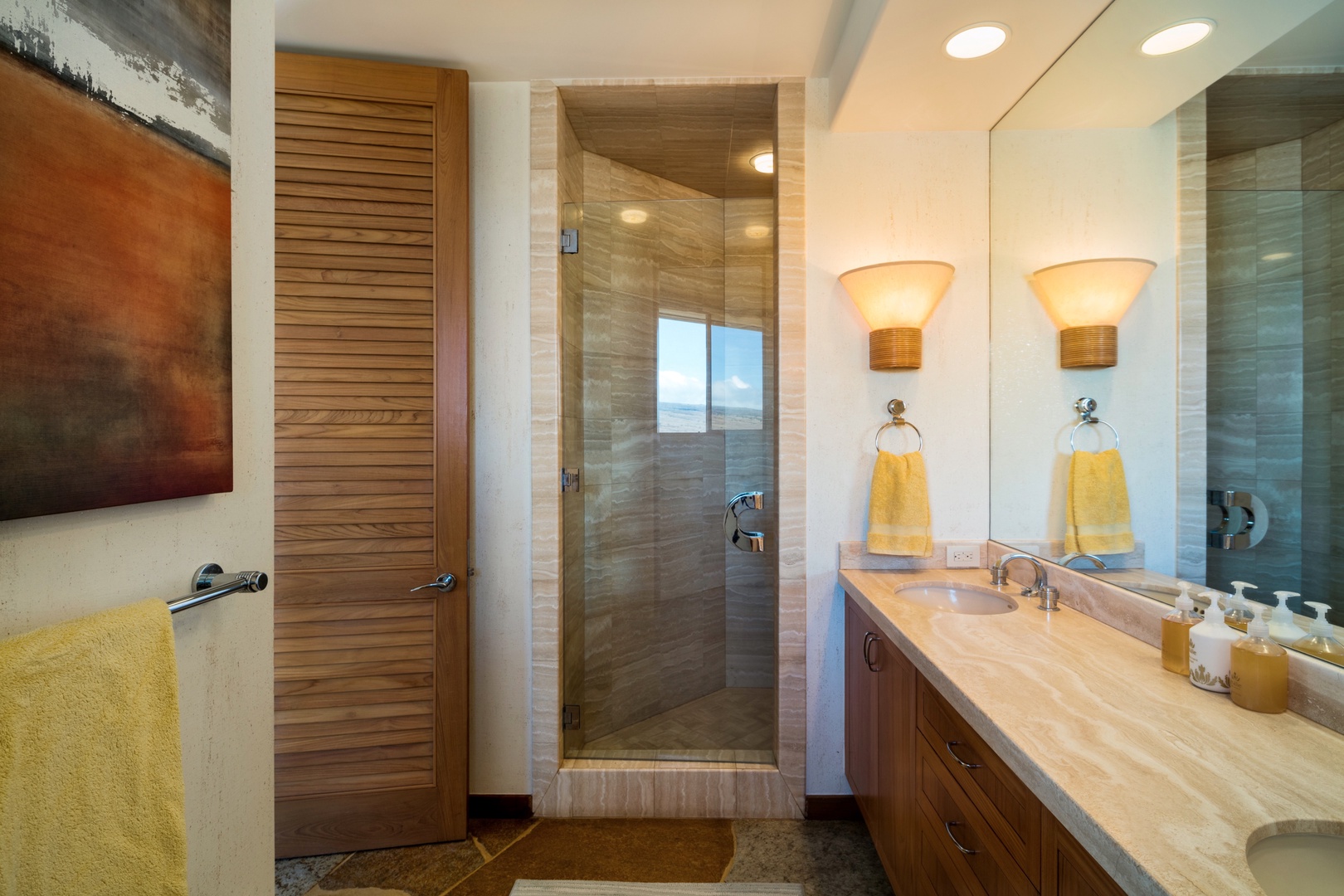 Kamuela Vacation Rentals, 5BD Fairways North (1) Estate Home at Mauna Kea Resort - Third bath with walk-in shower, dual vanity, and water closet.