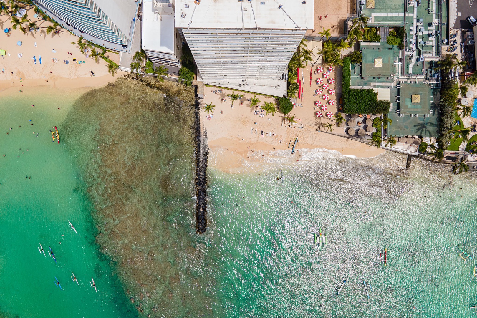 Honolulu Vacation Rentals, Colony Surf Getaway - Waterfront aerial view.