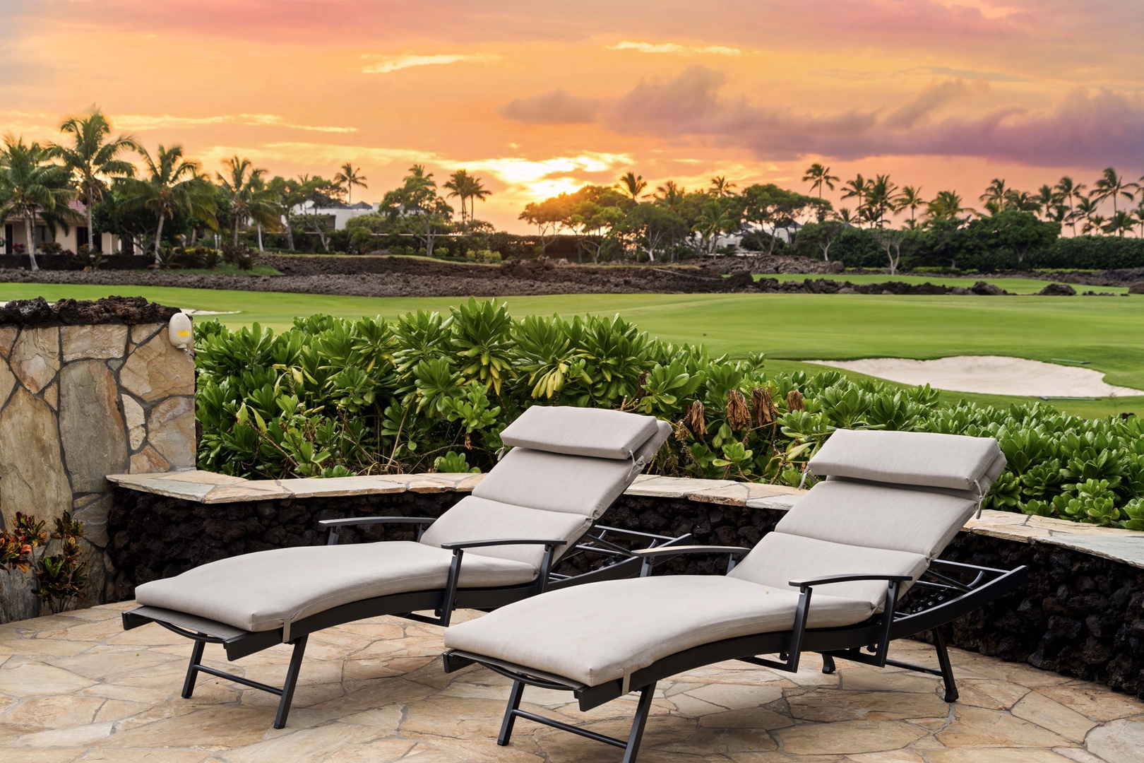 Kamuela Vacation Rentals, Hale Konane - End your day in style with sunset views and cozy loungers overlooking the fairway.