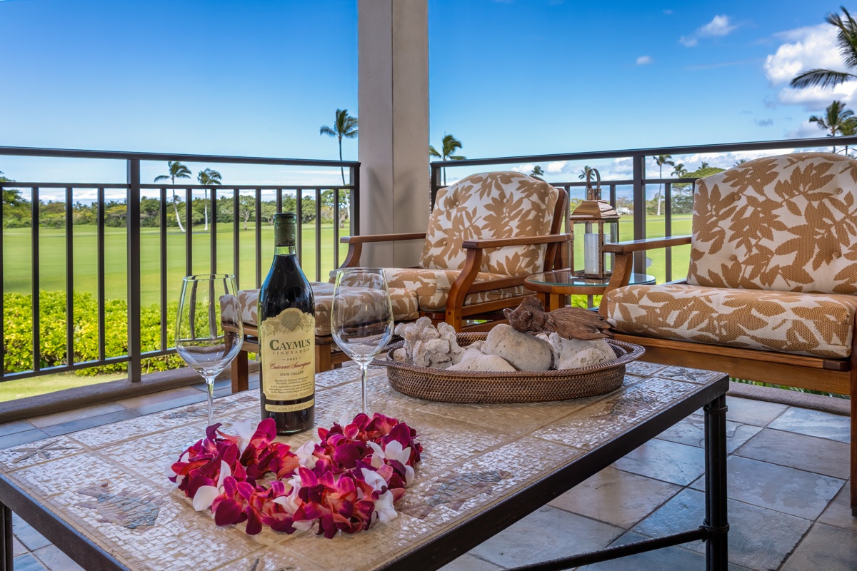 Kailua Kona Vacation Rentals, Fairways Villa 120A - Unwind on your private balcony with wine, tropical blooms, and sweeping golf course views—your perfect Hawaiian retreat awaits.