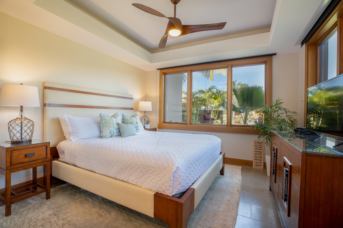 Kamuela Vacation Rentals, Laule'a at the Mauna Lani Resort #11 - Secondary suite with window outdoor views and a king bed