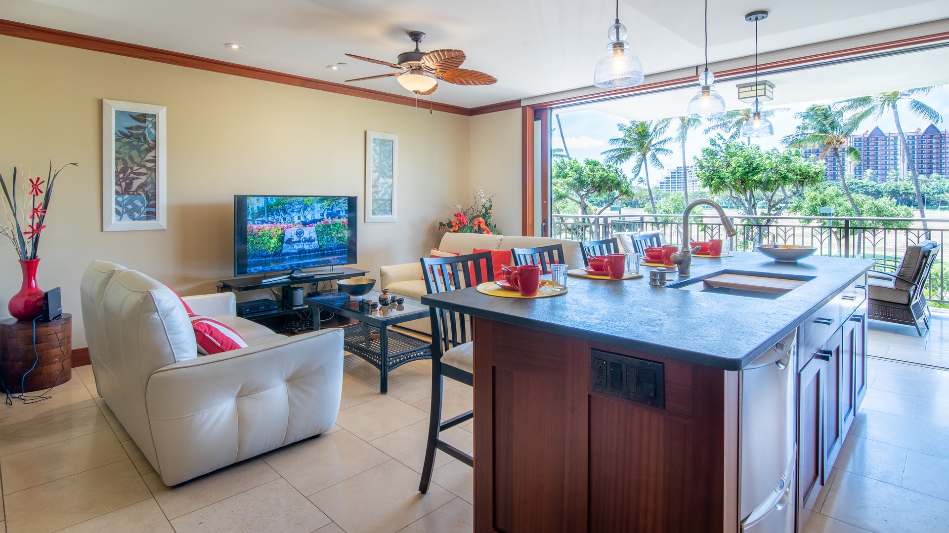 Kapolei Vacation Rentals, Ko Olina Beach Villas O210 - Relax on Natuzzi leather sofa-bed and loveseat with incredible scenery.