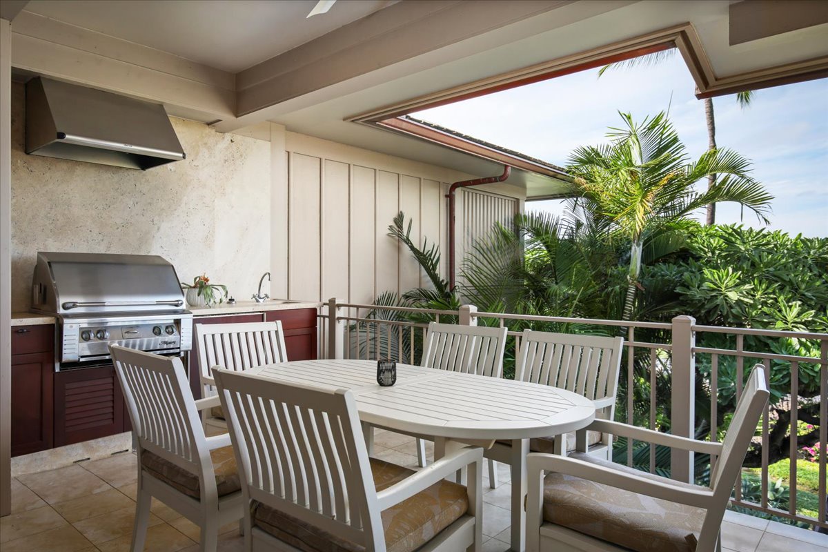 Kailua Kona Vacation Rentals, 3BD Ka'ulu Villa (129B) at Hualalai Resort - The upper ocean lanai with BBQ grill and table for six.