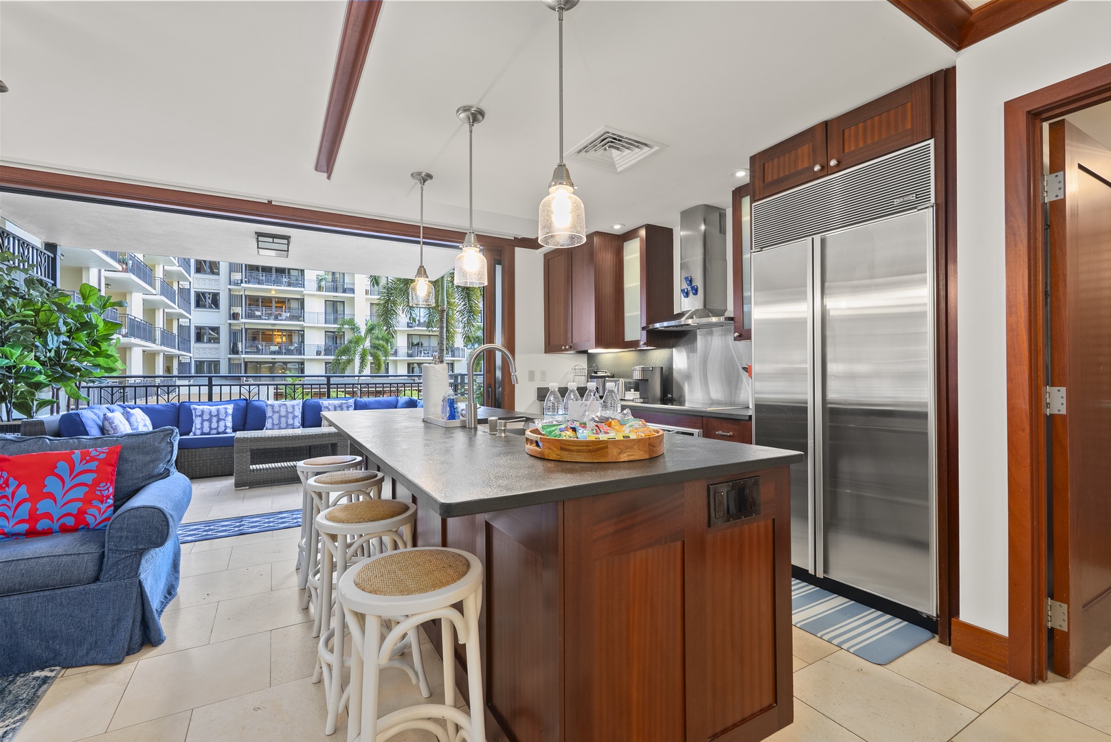Full-size stainless appliances handle a week of cooking with ease.