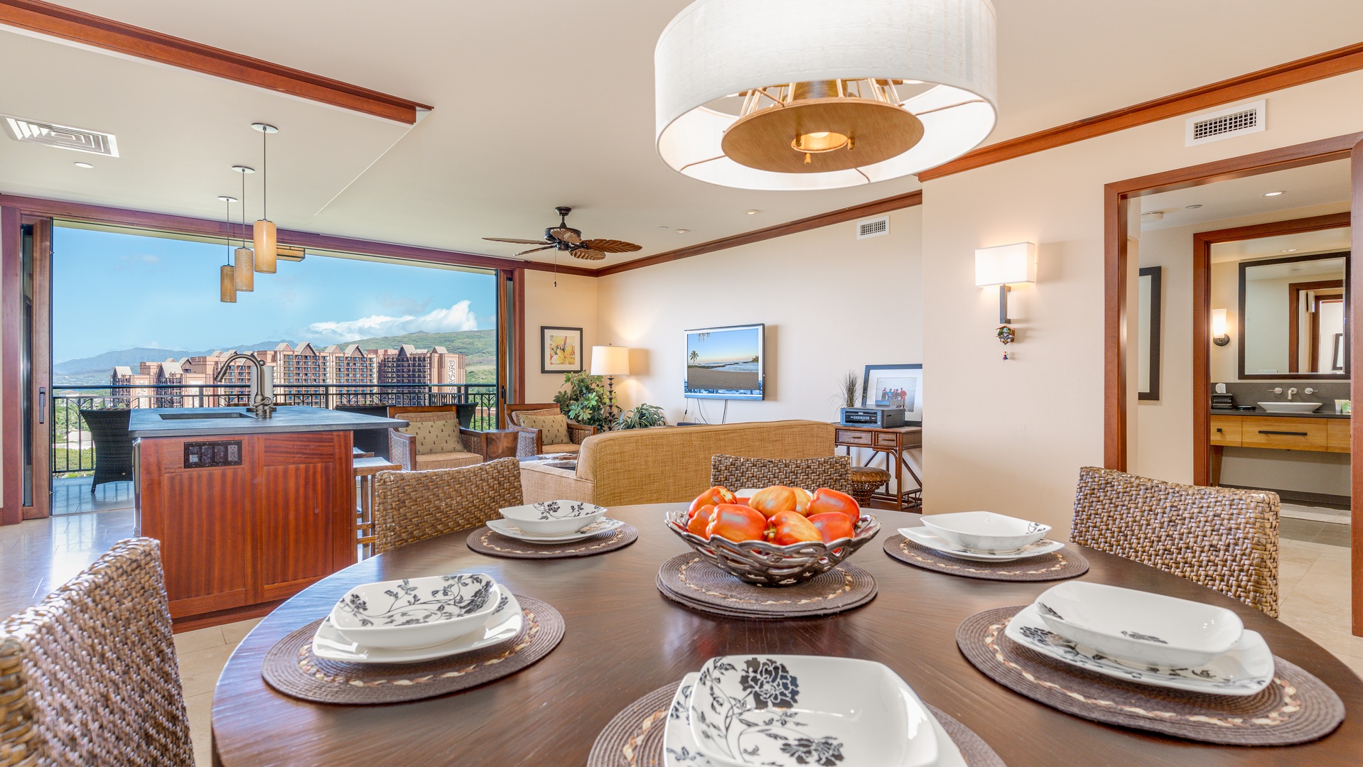 Kapolei Vacation Rentals, Ko Olina Beach Villas B1101 - Dining under boutique lighting, surrounded by tasteful decor.