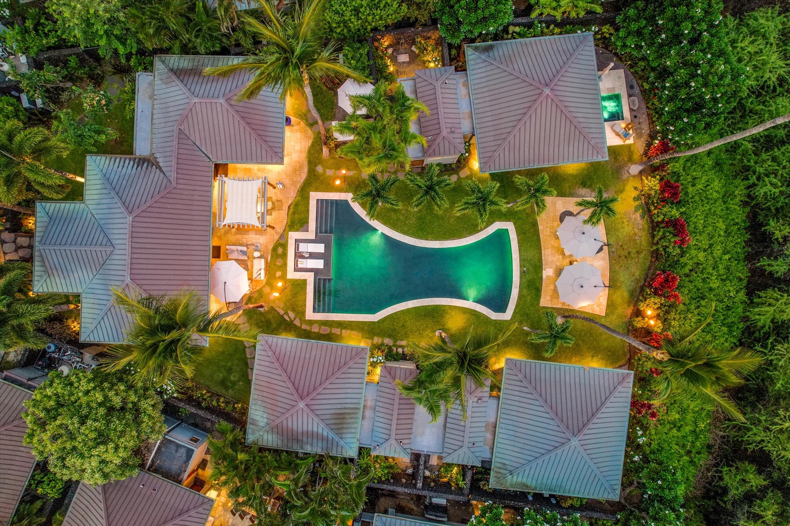 Kamuela Vacation Rentals, 3BD Na Hale 3 at Pauoa Beach Club at Mauna Lani Resort - From straight overhead, the curved pool shows how the whole house folds around the water.