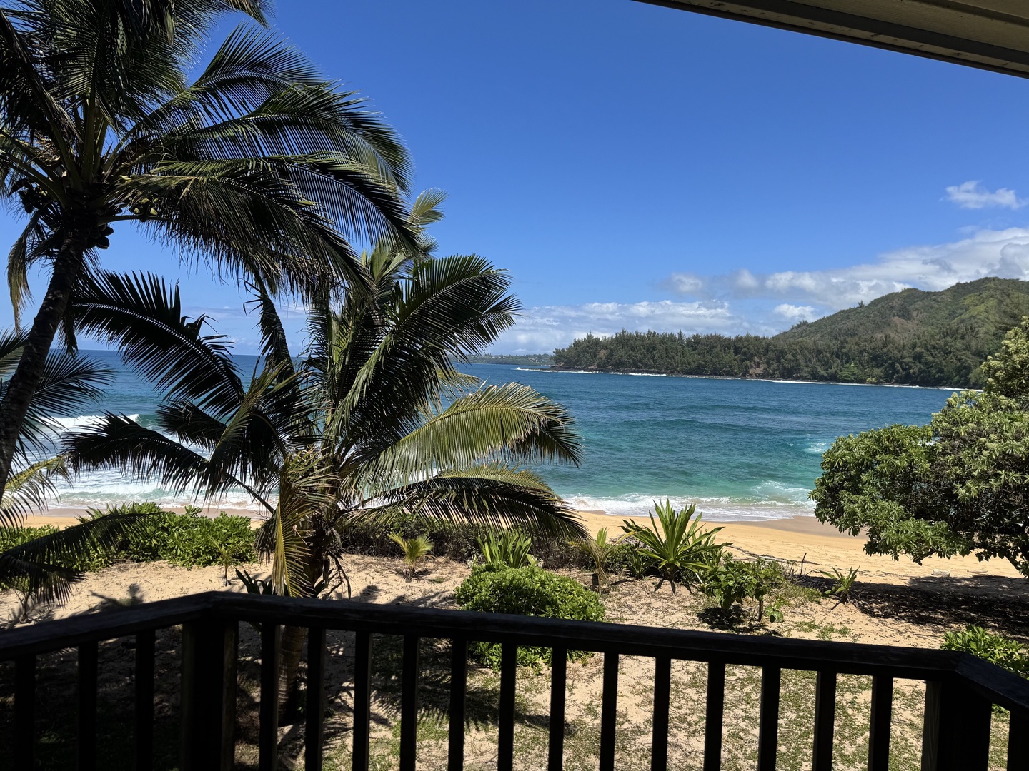 Hanalei Vacation Rentals, Hale Kepuhi TVNC #5156 - Palm-fringed sandy shores meet turquoise waters, with lush green mountains framing the horizon, an idyllic natural scenery from your bedroom.