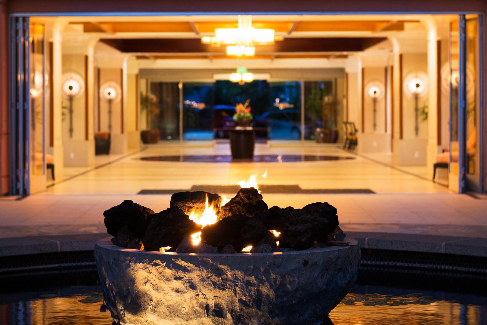 Lahaina Vacation Rentals, Honua Kai Konea 206 - Evening glow at Honua Kai Konea 206’s cozy firepit and lobby.