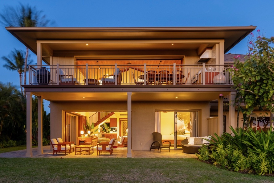 Kailua Kona Vacation Rentals, 3BD Ke Alaula Villa (217C) at Hualalai Resort - Back of this spacious home at twilight, showcasing upper and lower decks and grassy lawn.