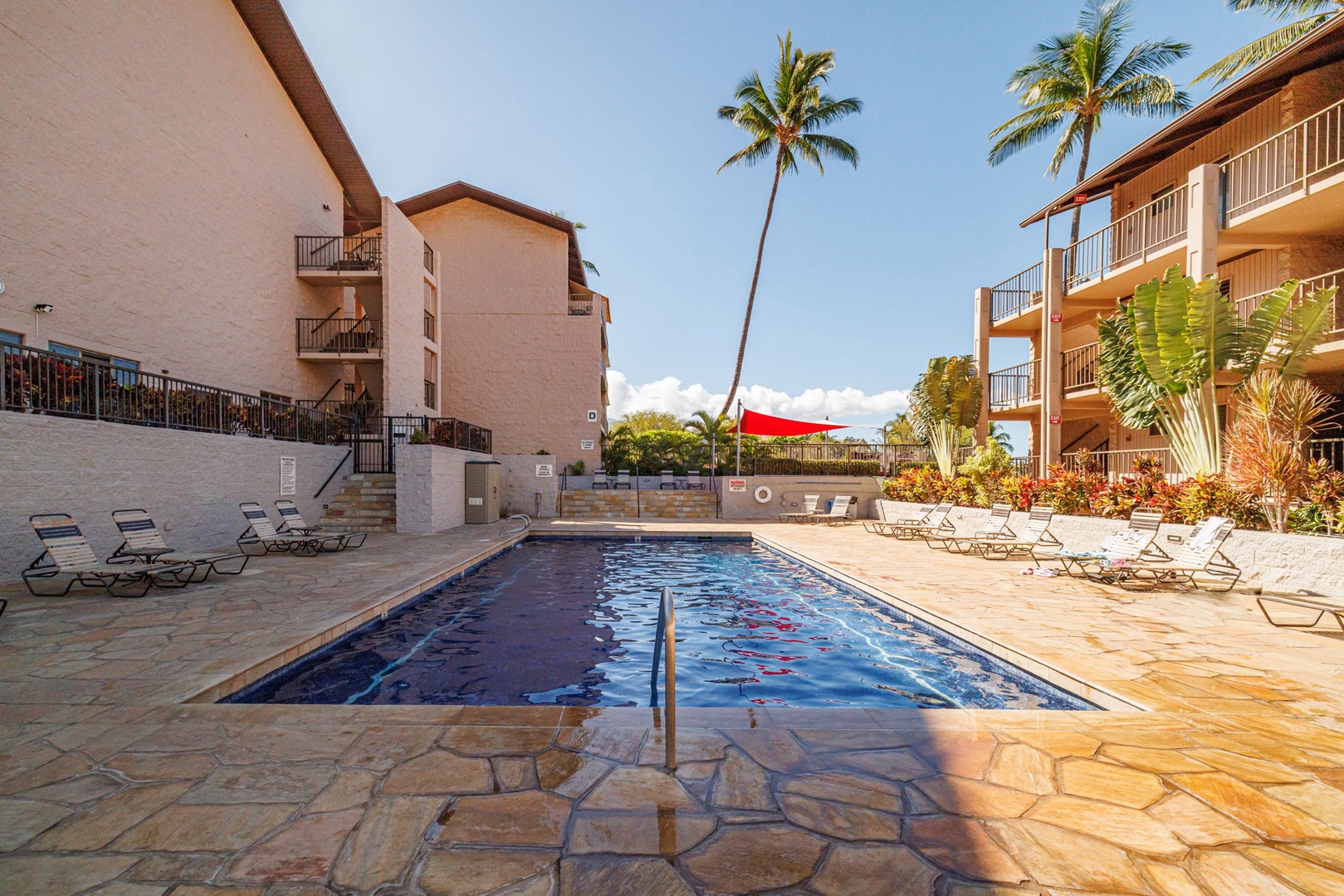 Kihei Vacation Rentals, Kihei Alii Kai C206 - Enjoy the shared pool, with lounge chairs and palm shade waiting on the flagstone deck.