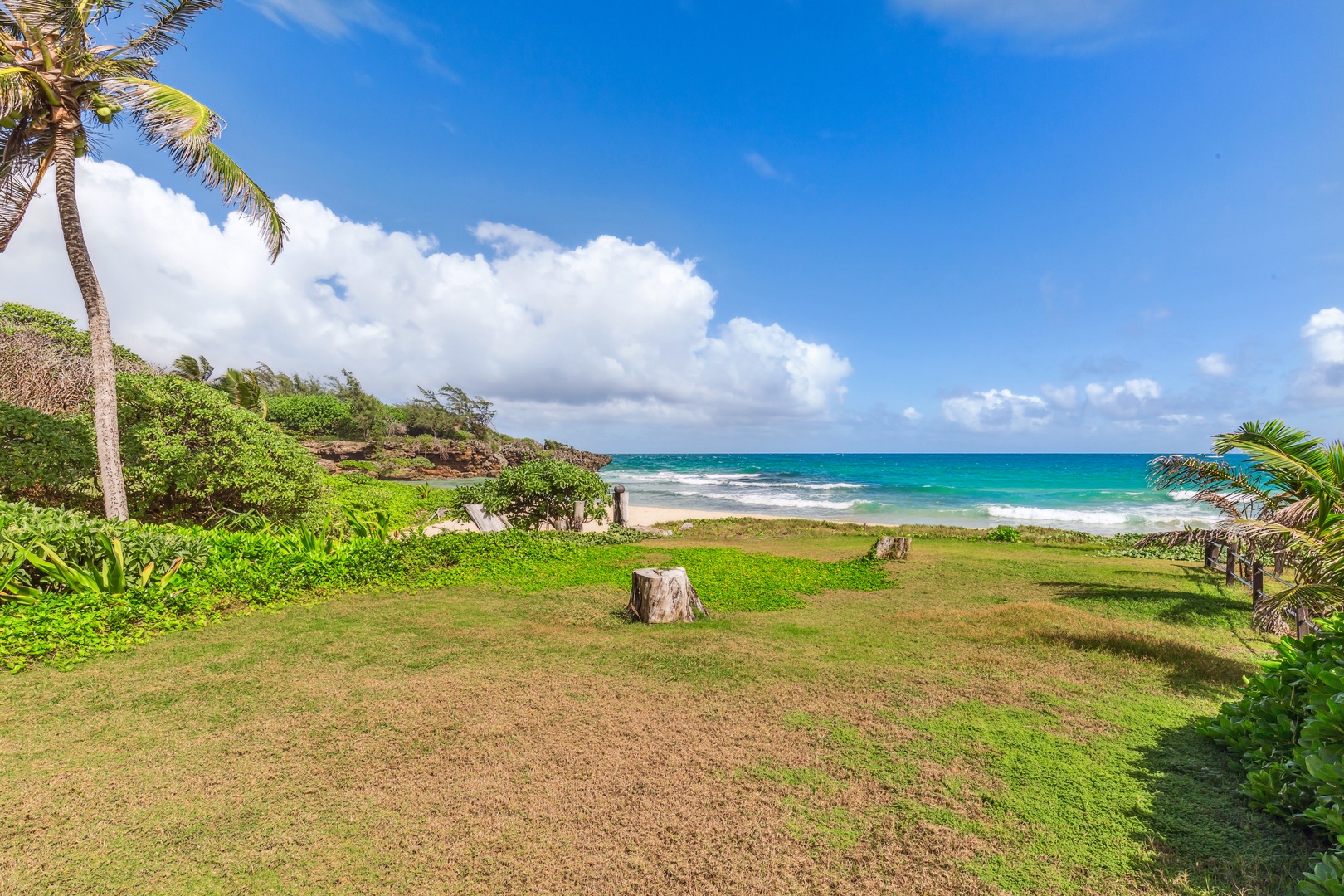 Laie Vacation Rentals, Majestic Mahakea Oceanfront Oasis - Grassy yard complemented by picturesque views of the ocean and coconut palms.