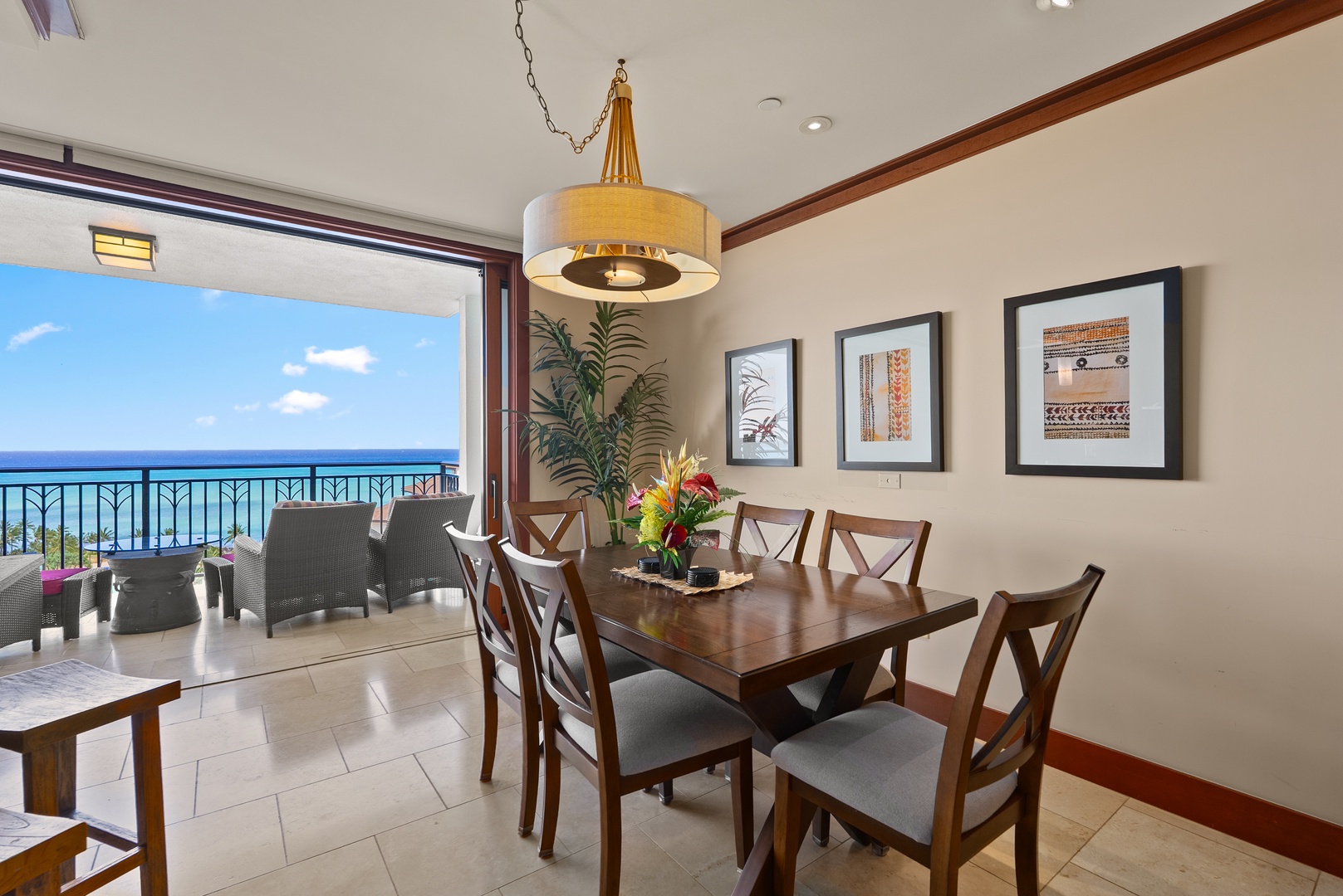 Kapolei Vacation Rentals, Ko Olina Beach Villas O1404 - Set the table with the ocean in the windows and the lanai a step away.