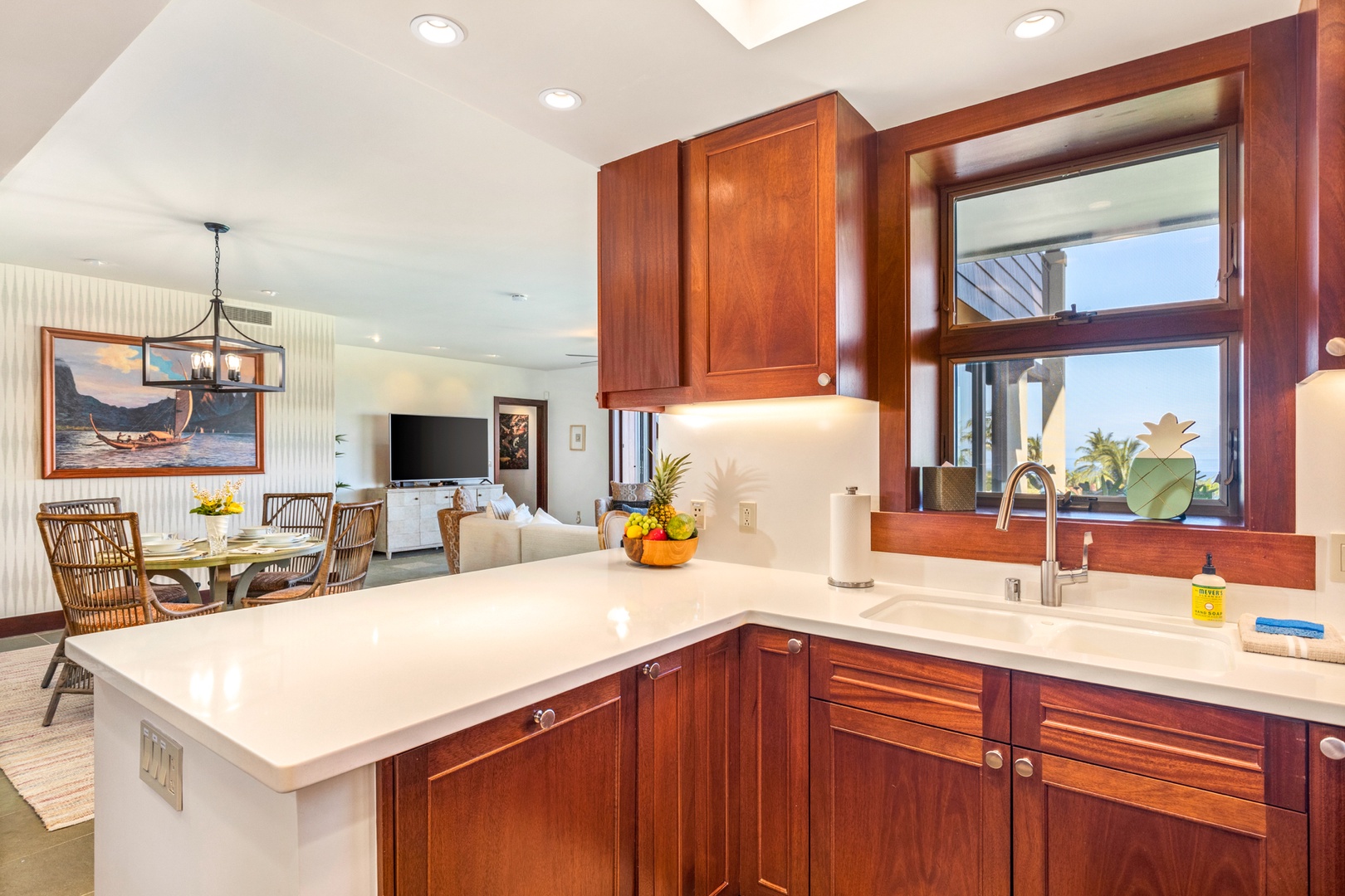 Kailua Kona Vacation Rentals, 3BD Hainoa Villa (2907C) at Four Seasons Resort at Hualalai - Ocean views from your kitchen sink! Open counter into great room allows for ease and flow during meal prep.