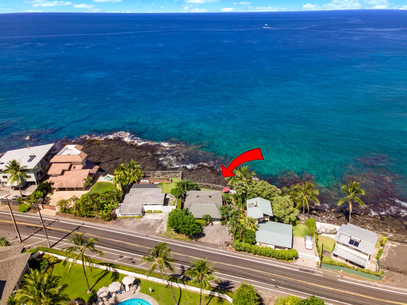 Kailua Kona Vacation Rentals, Honl's Beach Hale (Big Island) - Bird’s-eye view of the property steps from Honl’s Beach and Kona’s coastline.